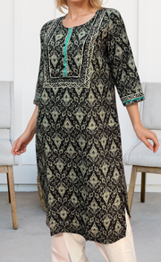 Black/Off White Garden Jaipuri Cotton Kurti. Pure Versatile Cotton. | Laces and Frills - Laces and Frills