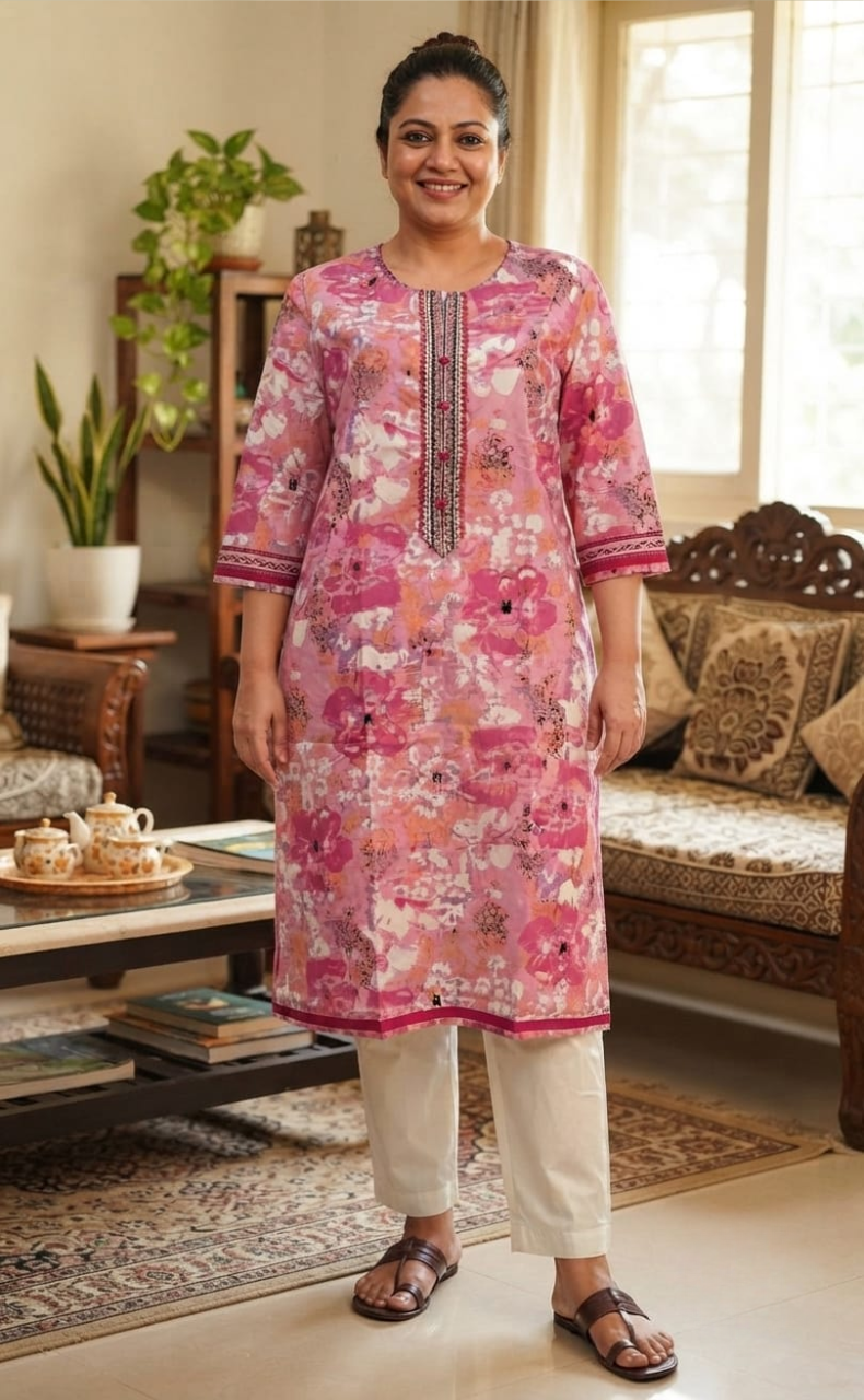 Pink Garden Jaipuri Cotton Kurti. Pure Versatile Cotton. | Laces and Frills