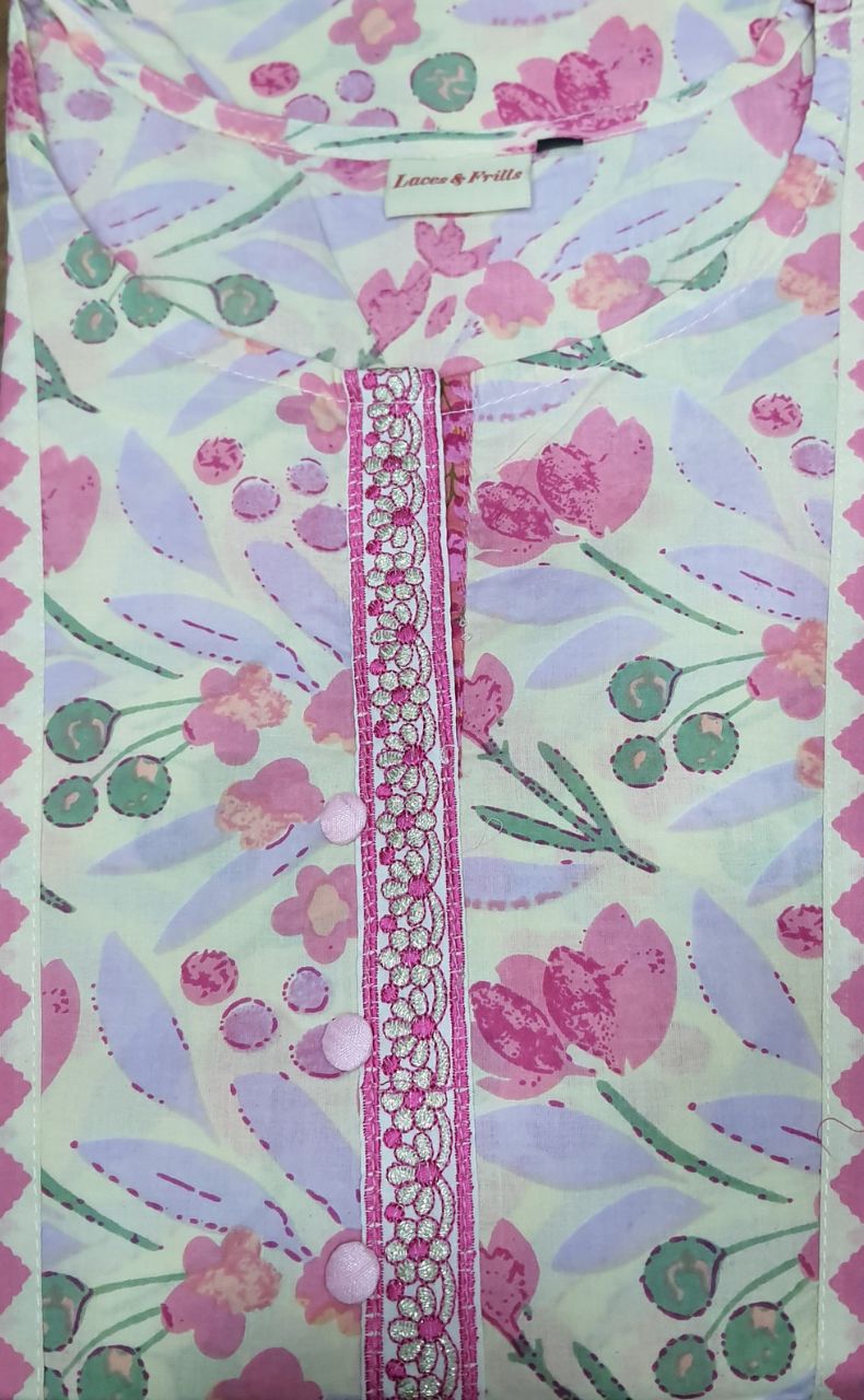 Off White/Pink Garden Jaipuri Cotton Kurti. Pure Versatile Cotton. | Laces and Frills - Laces and Frills