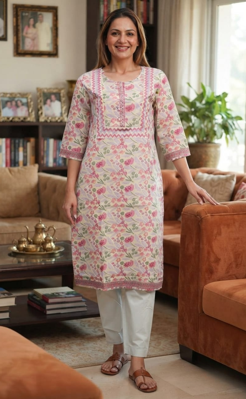 Off White/Pink Garden Jaipuri Cotton Kurti. Pure Versatile Cotton. | Laces and Frills