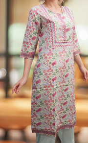 Off White/Pink Garden Jaipuri Cotton Kurti. Pure Versatile Cotton. | Laces and Frills - Laces and Frills