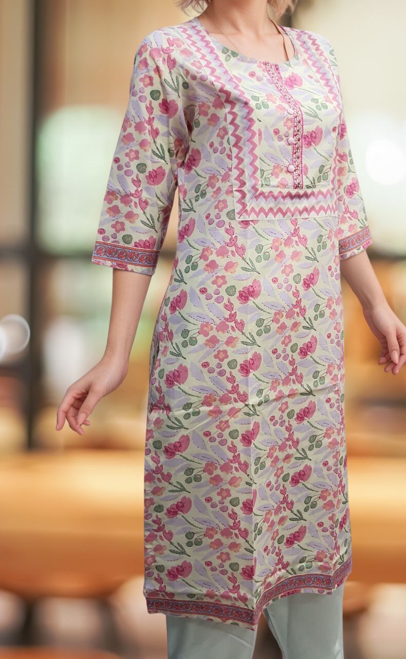 Off White/Pink Garden Jaipuri Cotton Kurti. Pure Versatile Cotton. | Laces and Frills - Laces and Frills