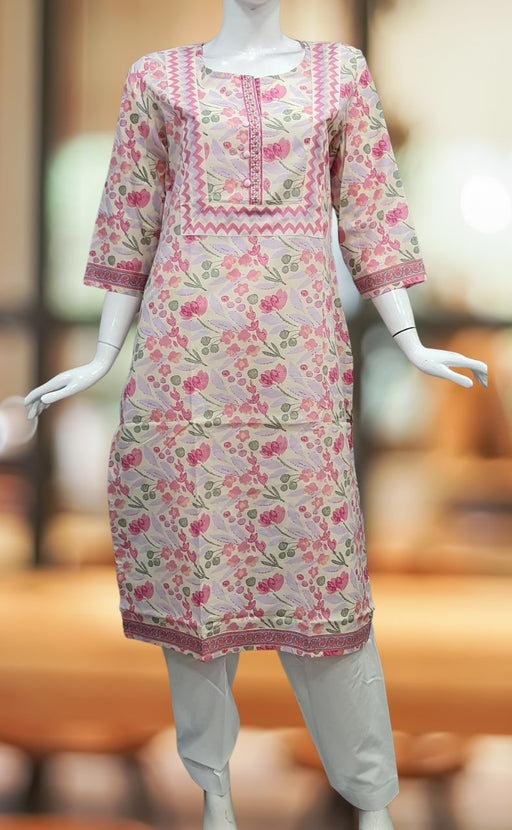 Off White/Pink Garden Jaipuri Cotton Kurti. Pure Versatile Cotton. | Laces and Frills - Laces and Frills