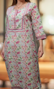 Off White/Pink Garden Jaipuri Cotton Kurti. Pure Versatile Cotton. | Laces and Frills - Laces and Frills