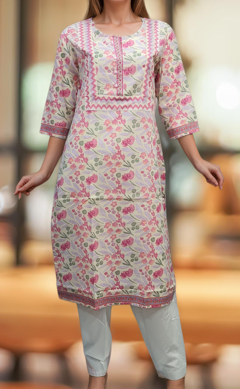 Off White/Pink Garden Jaipuri Cotton Kurti. Pure Versatile Cotton. | Laces and Frills - Laces and Frills