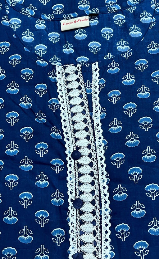 Blue Flora Jaipuri Cotton Kurti. Pure Versatile Cotton. | Laces and Frills - Laces and Frills