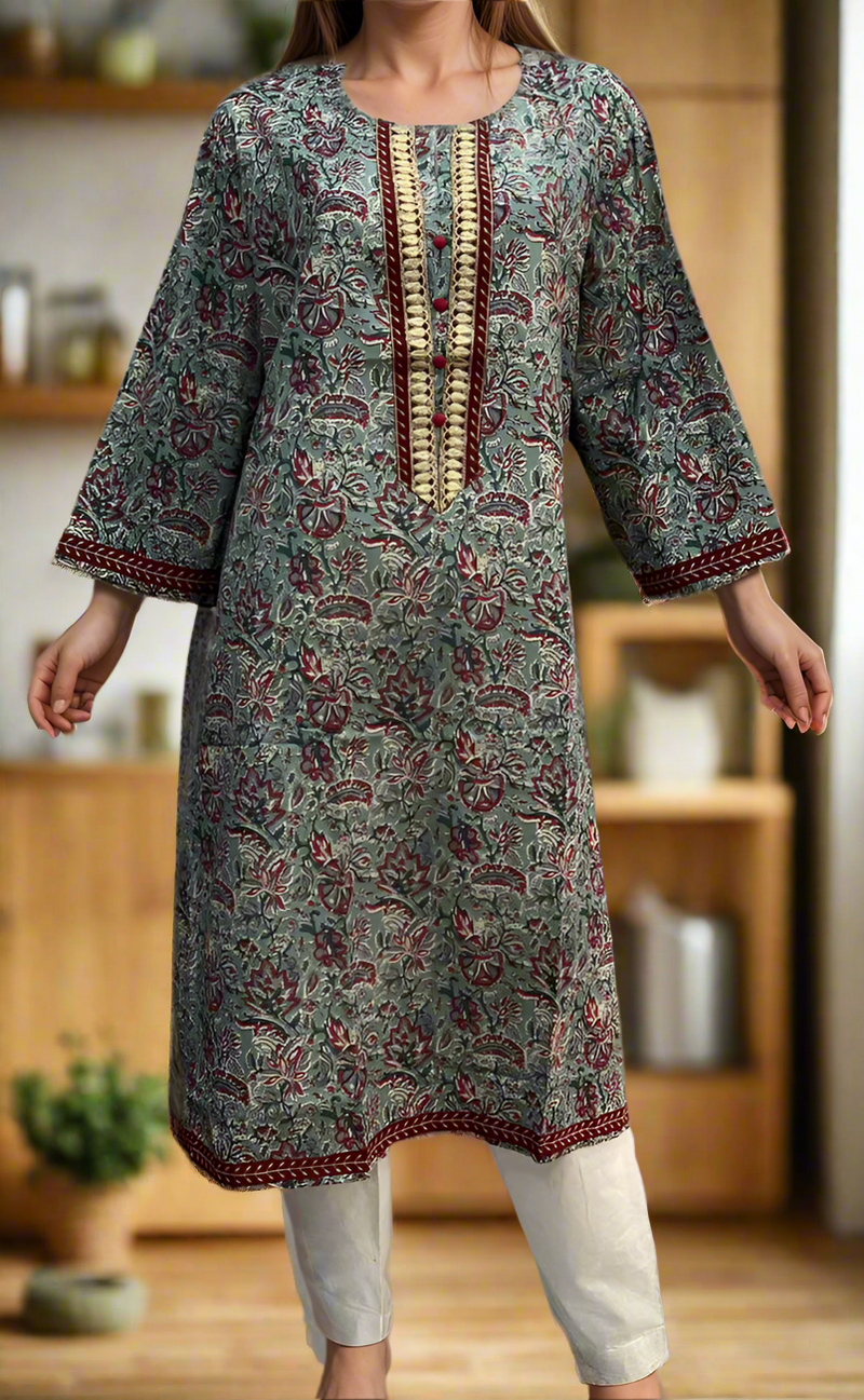 Light Sea Green Garden Jaipuri Cotton Kurti. Pure Versatile Cotton. | Laces and Frills