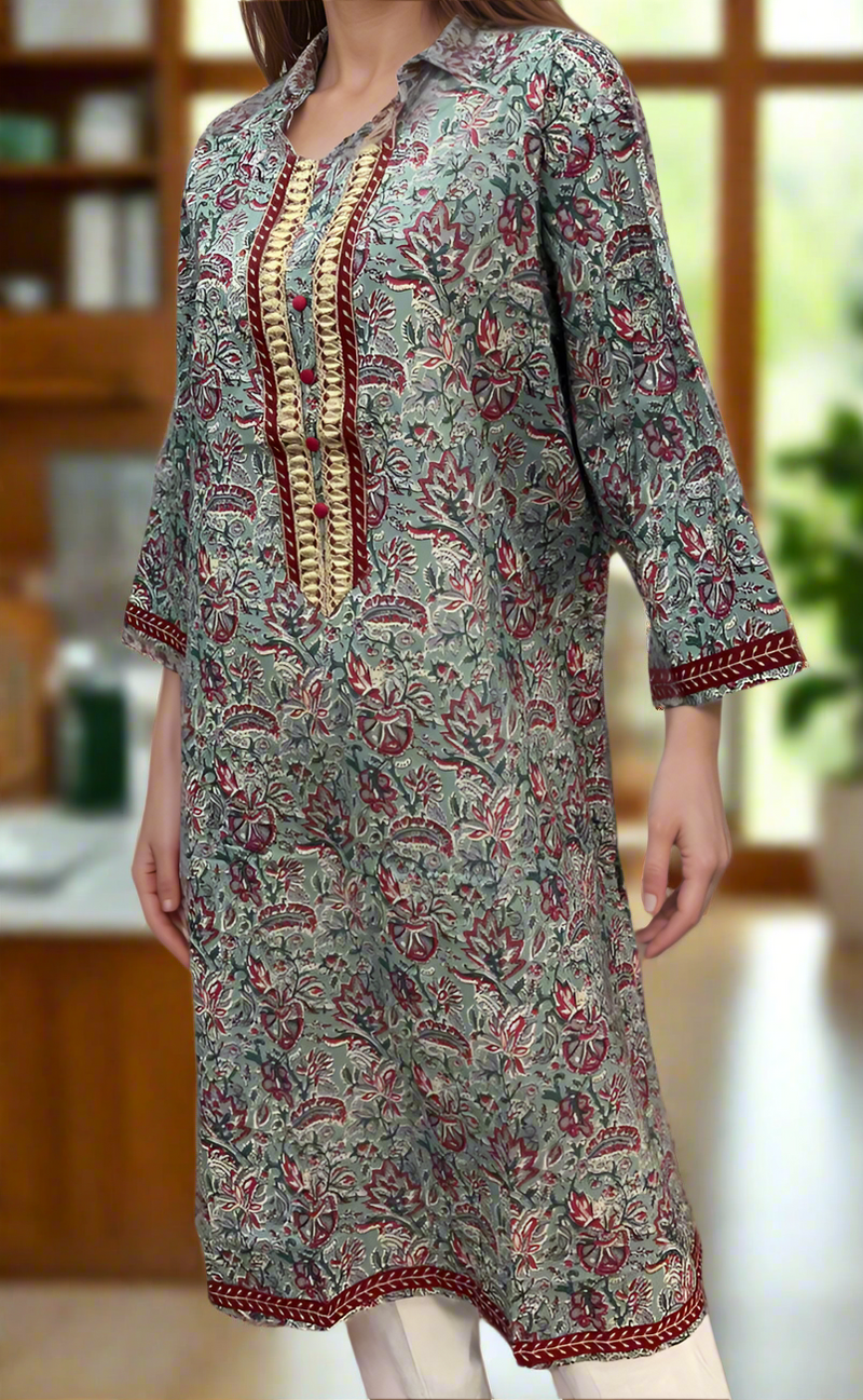 Light Sea Green Garden Jaipuri Cotton Kurti. Pure Versatile Cotton. | Laces and Frills