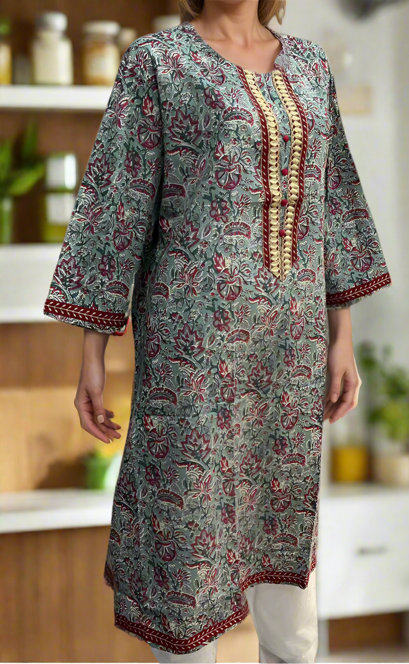 Light Sea Green Garden Jaipuri Cotton Kurti. Pure Versatile Cotton. | Laces and Frills