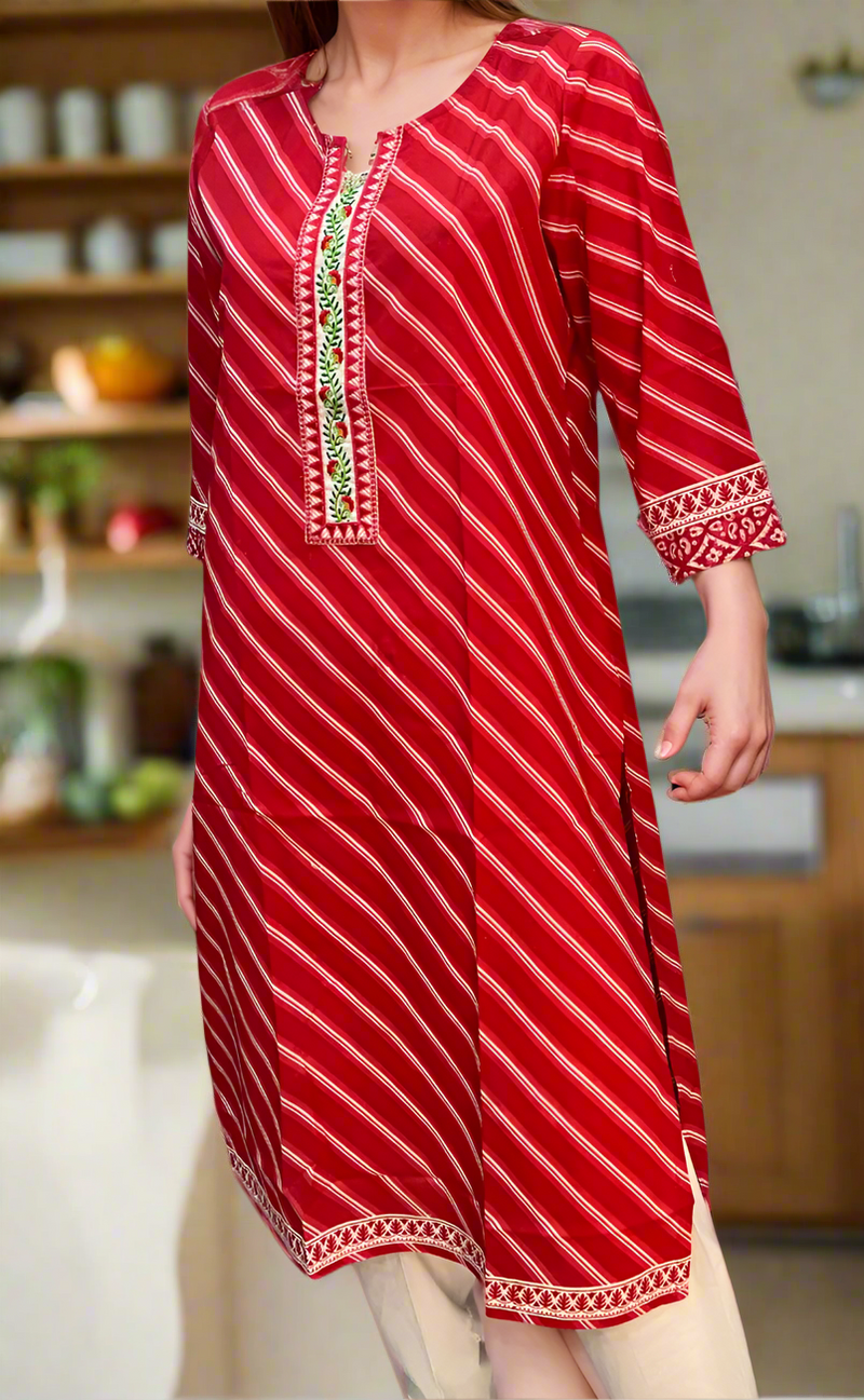 Red Lehariya Jaipuri Cotton Kurti. Pure Versatile Cotton. | Laces and Frills