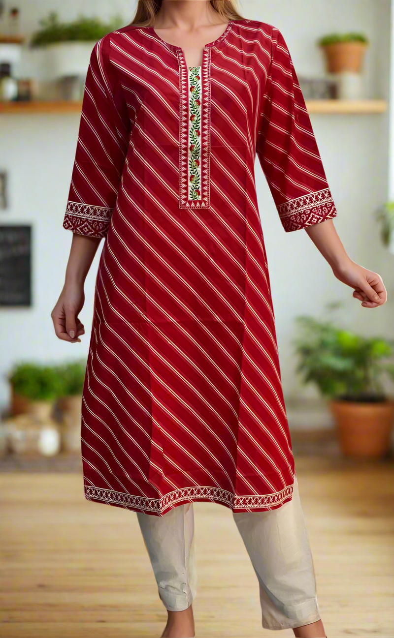 Red Lehariya Jaipuri Cotton Kurti. Pure Versatile Cotton. | Laces and Frills