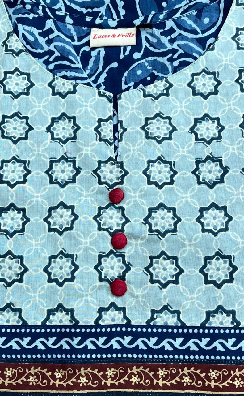 Blue Flora Jaipuri Cotton Kurti. Pure Versatile Cotton. | Laces and Frills - Laces and Frills