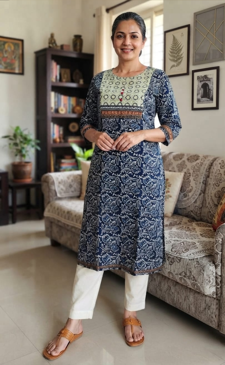 Blue Flora Jaipuri Cotton Kurti. Pure Versatile Cotton. | Laces and Frills