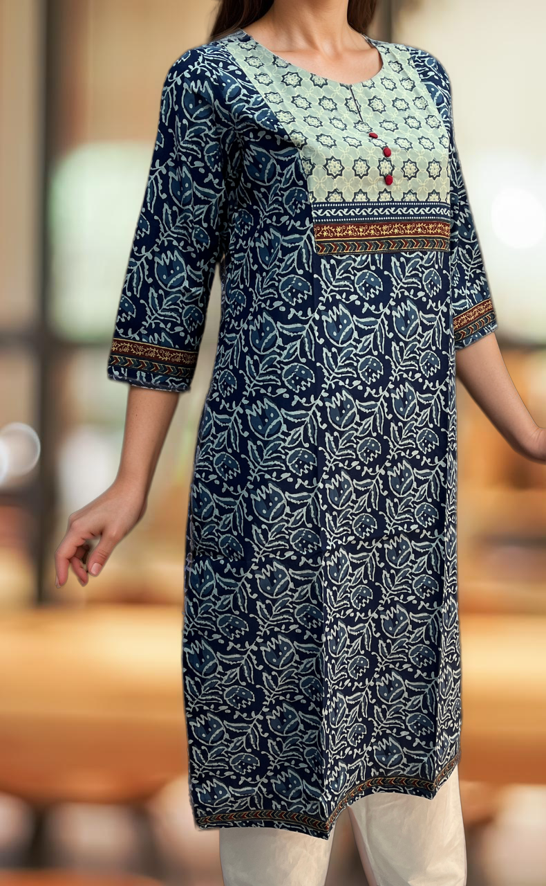 Blue Flora Jaipuri Cotton Kurti. Pure Versatile Cotton. | Laces and Frills - Laces and Frills
