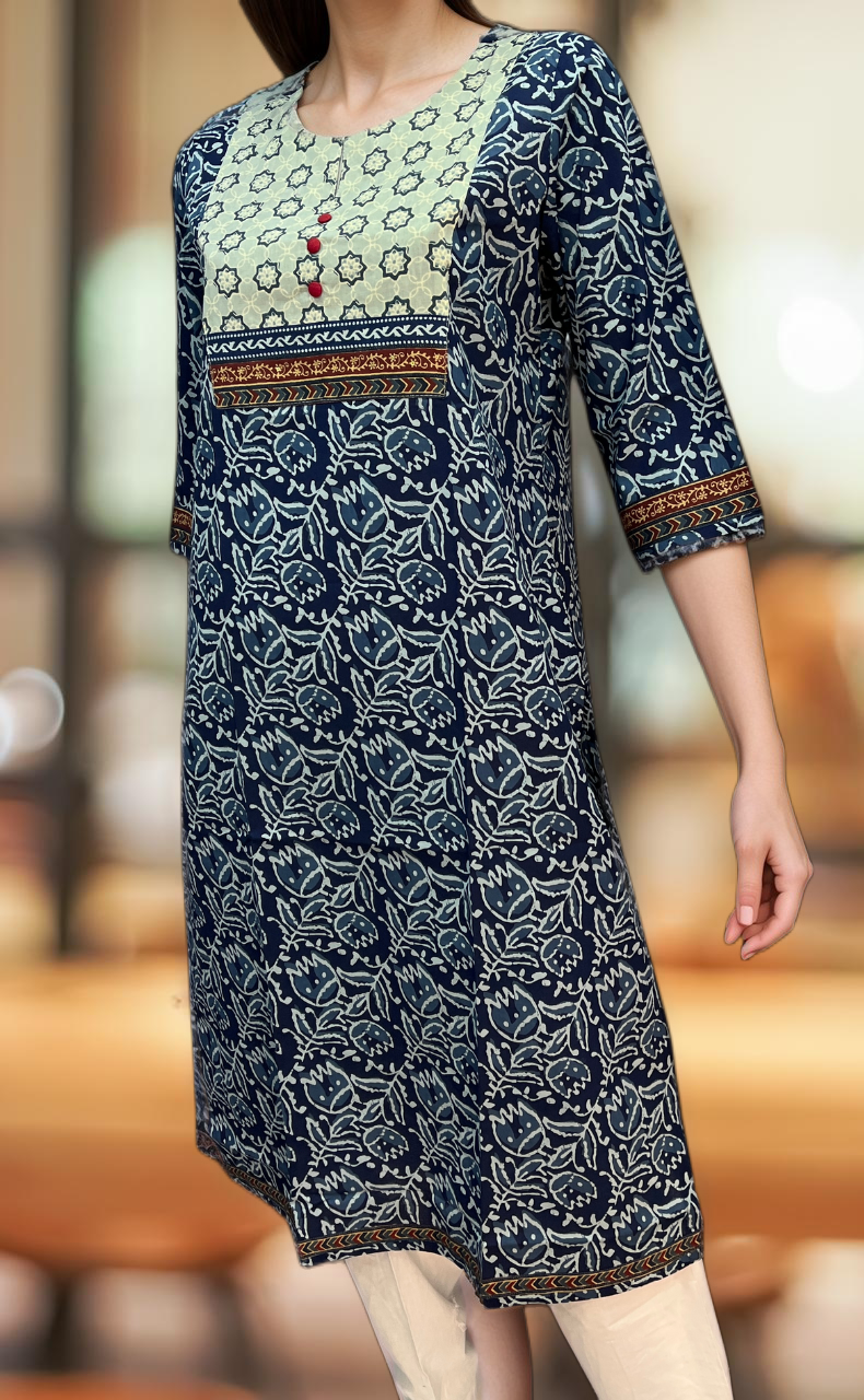 Blue Flora Jaipuri Cotton Kurti. Pure Versatile Cotton. | Laces and Frills - Laces and Frills