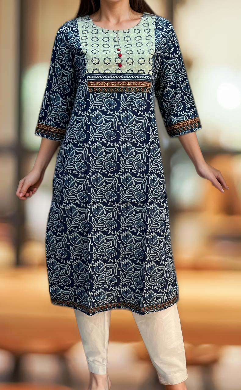 Blue Flora Jaipuri Cotton Kurti. Pure Versatile Cotton. | Laces and Frills - Laces and Frills