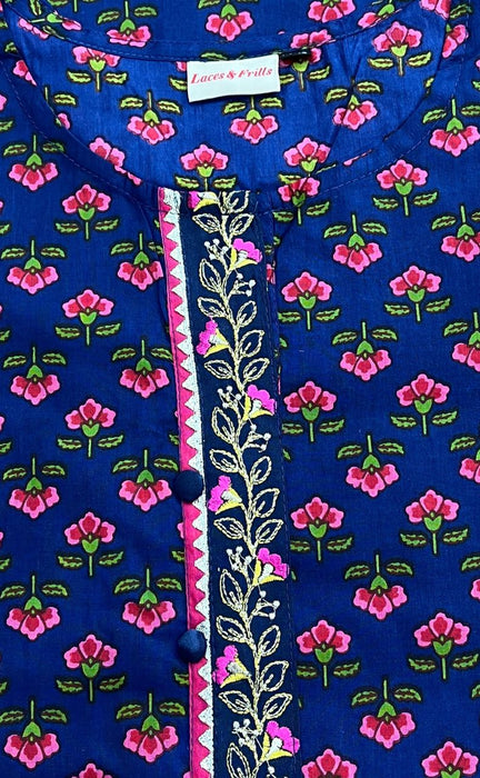 Blue/Pink Flora Jaipuri Cotton Kurti. Pure Versatile Cotton. | Laces and Frills - Laces and Frills