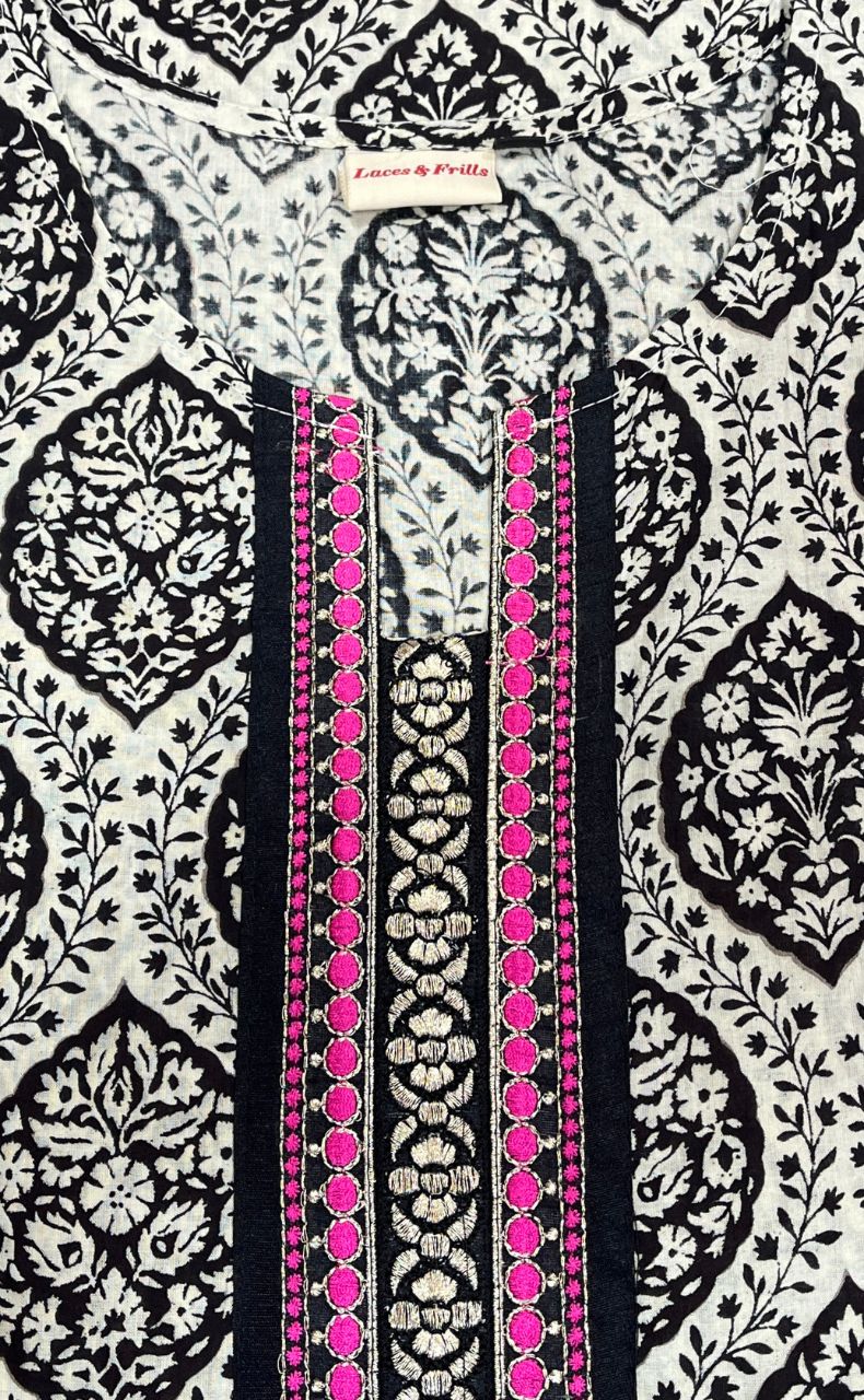 White/Black Ajrakh Print Jaipuri Cotton Kurti. Pure Versatile Cotton. | Laces and Frills - Laces and Frills