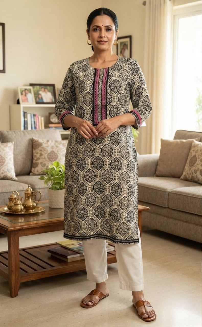 White/Black Ajrakh Print Jaipuri Cotton Kurti. Pure Versatile Cotton. | Laces and Frills