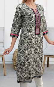 White/Black Ajrakh Print Jaipuri Cotton Kurti. Pure Versatile Cotton. | Laces and Frills - Laces and Frills