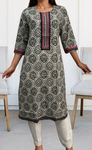 White/Black Ajrakh Print Jaipuri Cotton Kurti. Pure Versatile Cotton. | Laces and Frills - Laces and Frills