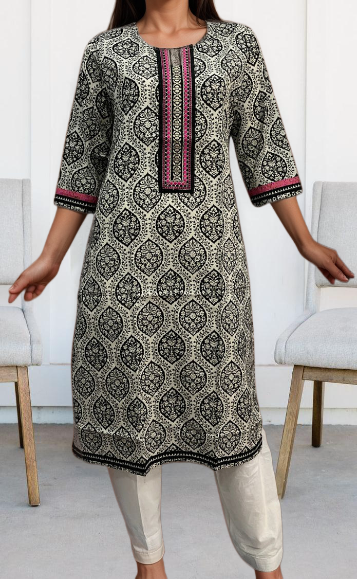 White/Black Ajrakh Print Jaipuri Cotton Kurti. Pure Versatile Cotton. | Laces and Frills - Laces and Frills