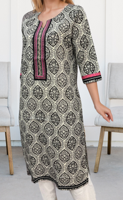 White/Black Ajrakh Print Jaipuri Cotton Kurti. Pure Versatile Cotton. | Laces and Frills - Laces and Frills