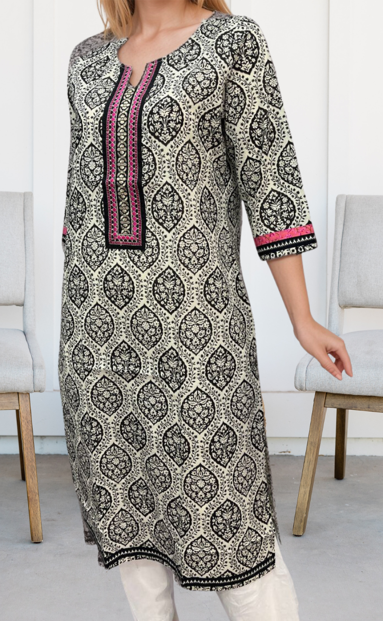 White/Black Ajrakh Print Jaipuri Cotton Kurti. Pure Versatile Cotton. | Laces and Frills - Laces and Frills