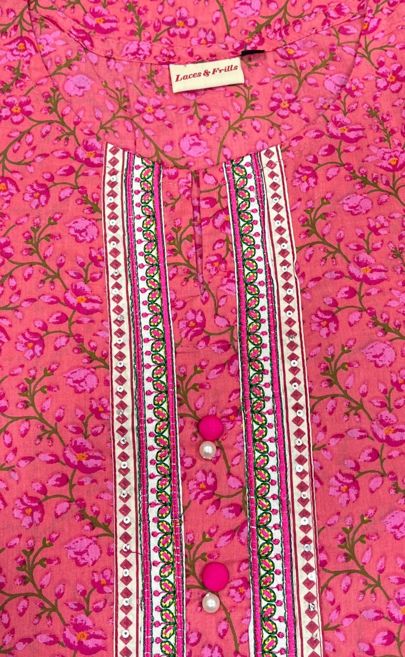 Pink Garden Jaipuri Cotton Kurti. Pure Versatile Cotton. | Laces and Frills - Laces and Frills
