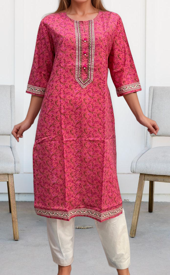 Pink Garden Jaipuri Cotton Kurti. Pure Versatile Cotton. | Laces and Frills - Laces and Frills