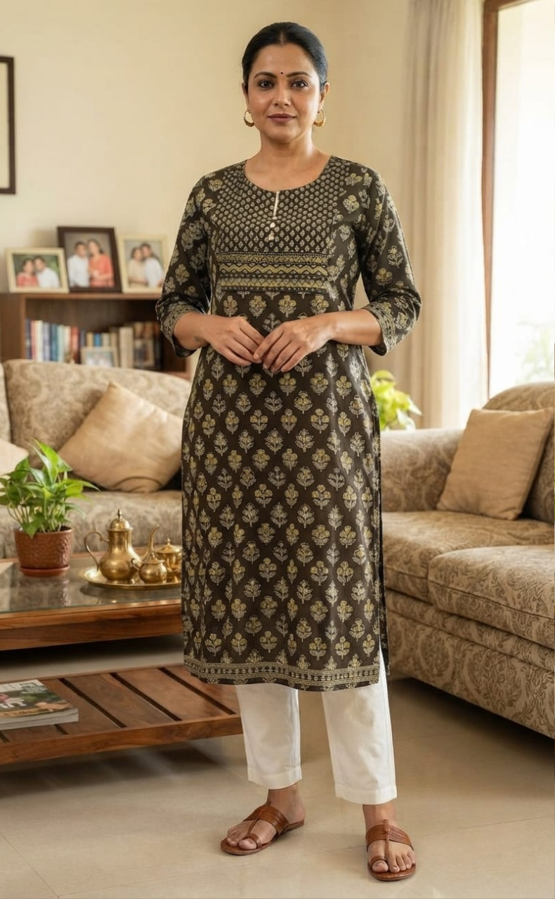 Brown/Mustard Garden Jaipuri Cotton Kurti. Pure Versatile Cotton. | Laces and Frills