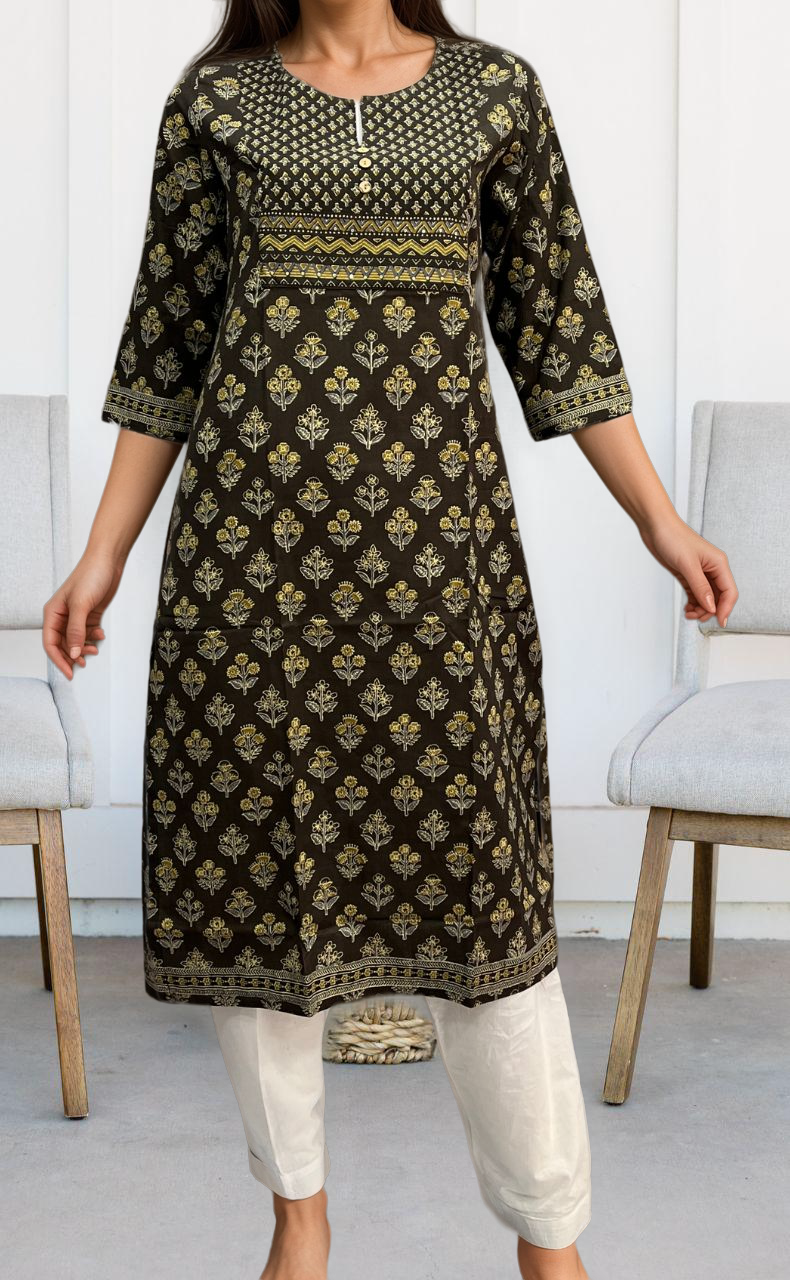 Brown/Mustard Garden Jaipuri Cotton Kurti. Pure Versatile Cotton. | Laces and Frills - Laces and Frills