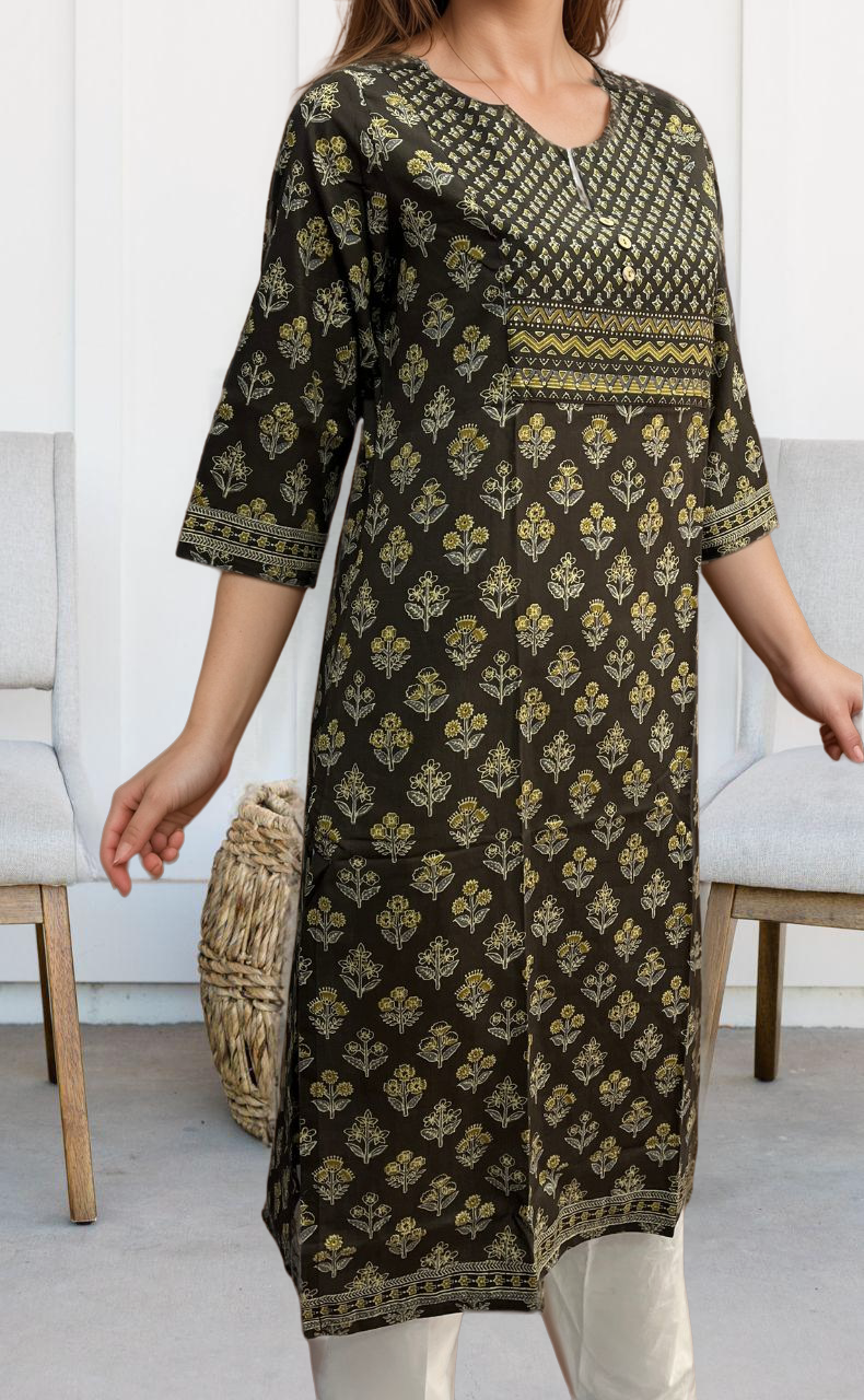 Brown/Mustard Garden Jaipuri Cotton Kurti. Pure Versatile Cotton. | Laces and Frills - Laces and Frills