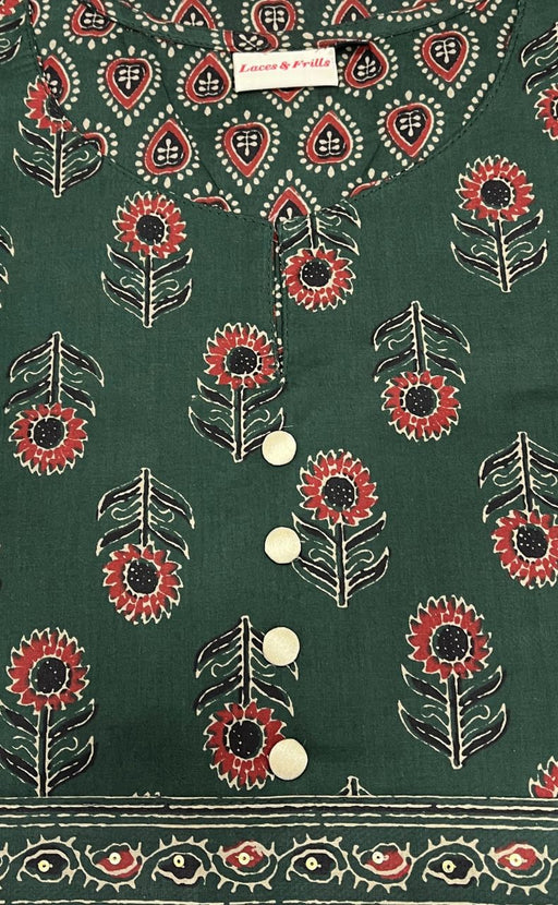 Bottle Green Floral Jaipuri Cotton Kurti. Pure Versatile Cotton. | Laces and Frills - Laces and Frills