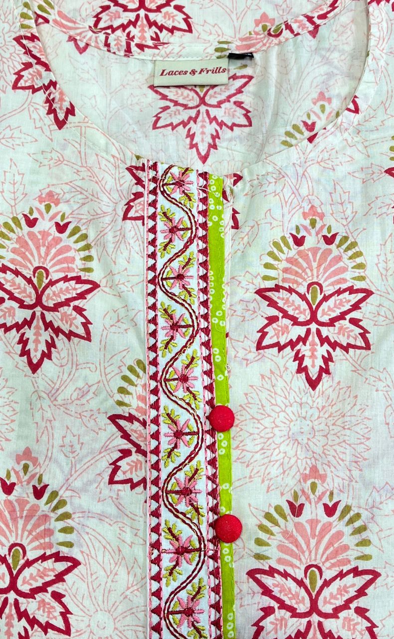 Light Pink/Pink Floral Jaipuri Cotton Kurti. Pure Versatile Cotton. | Laces and Frills - Laces and Frills