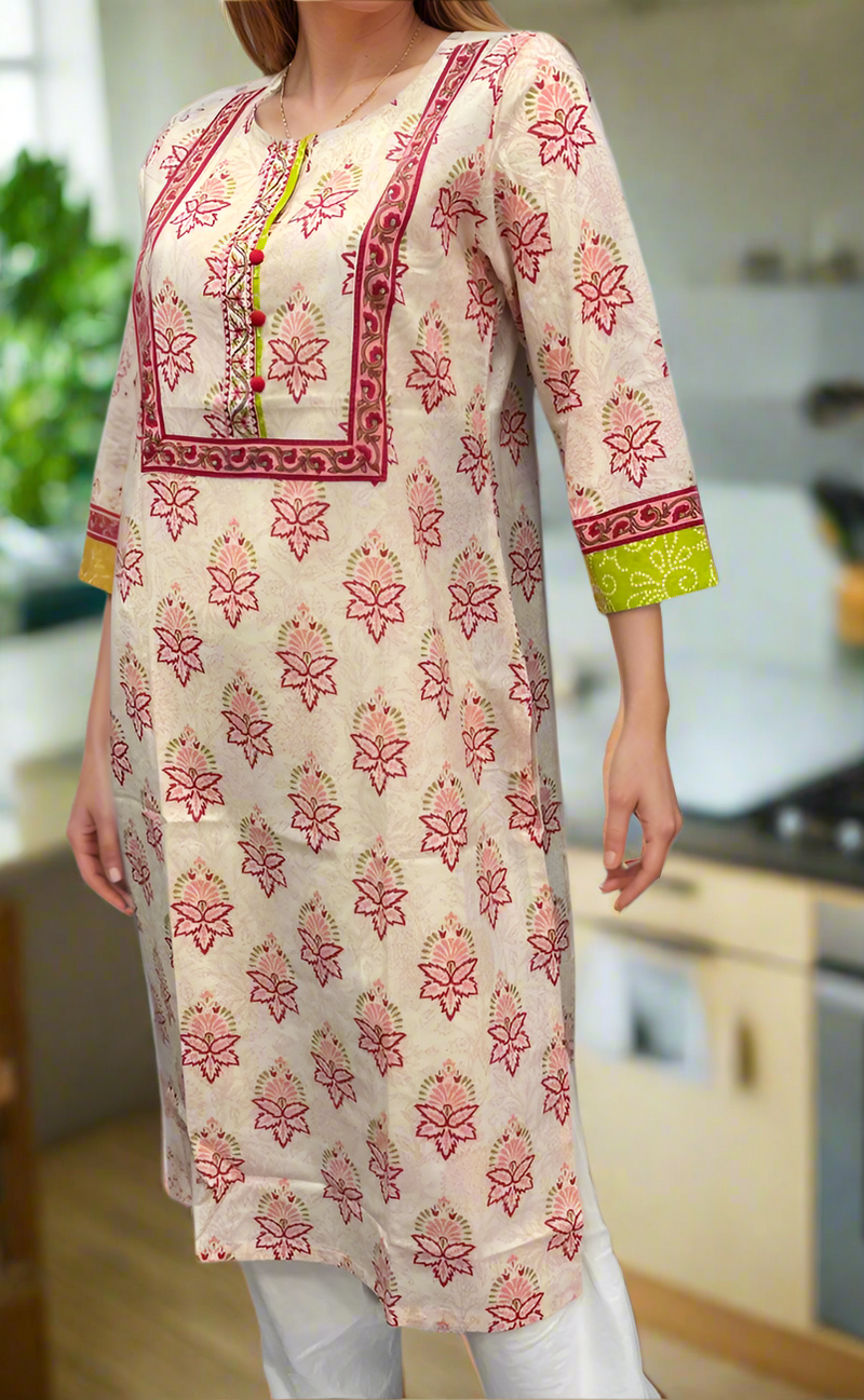 Light Pink/Pink Floral Jaipuri Cotton Kurti. Pure Versatile Cotton. | Laces and Frills
