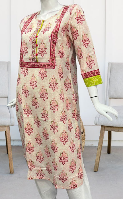 Light Pink/Pink Floral Jaipuri Cotton Kurti. Pure Versatile Cotton. | Laces and Frills - Laces and Frills