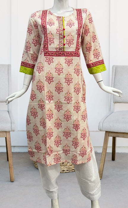 Light Pink/Pink Floral Jaipuri Cotton Kurti. Pure Versatile Cotton. | Laces and Frills - Laces and Frills