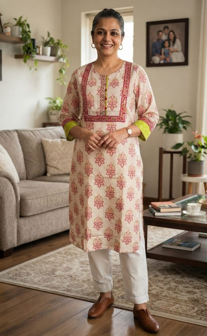 Light Pink/Pink Floral Jaipuri Cotton Kurti. Pure Versatile Cotton. | Laces and Frills