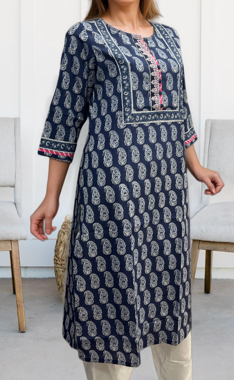 Navy Blue Manga Motif Jaipuri Cotton Kurti. Pure Versatile Cotton. | Laces and Frills - Laces and Frills