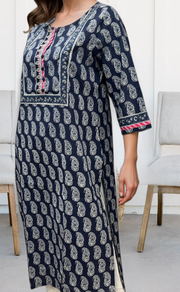 Navy Blue Manga Motif Jaipuri Cotton Kurti. Pure Versatile Cotton. | Laces and Frills - Laces and Frills