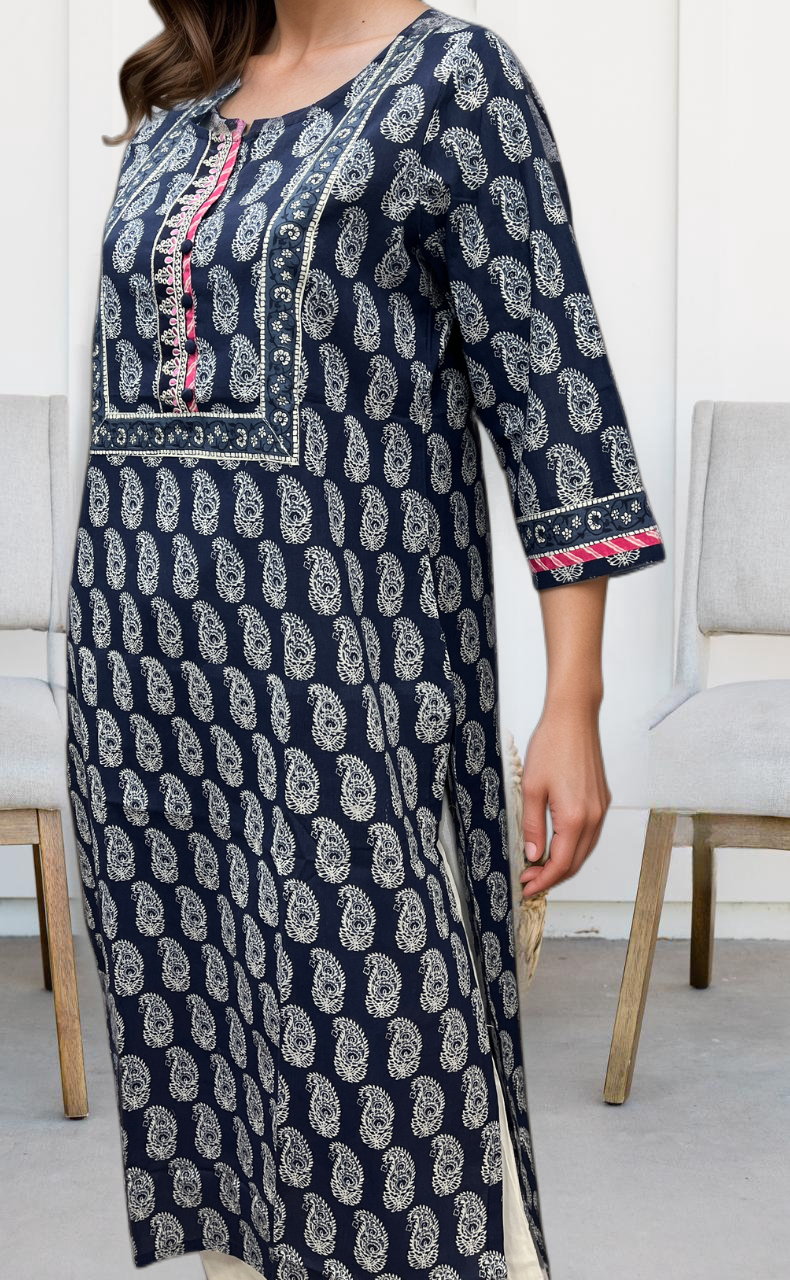 Navy Blue Manga Motif Jaipuri Cotton Kurti. Pure Versatile Cotton. | Laces and Frills - Laces and Frills