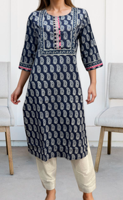 Navy Blue Manga Motif Jaipuri Cotton Kurti. Pure Versatile Cotton. | Laces and Frills - Laces and Frills