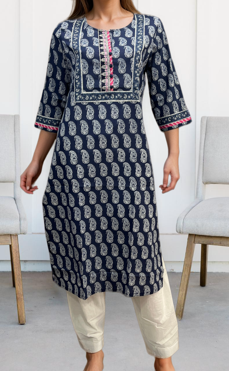 Navy Blue Manga Motif Jaipuri Cotton Kurti. Pure Versatile Cotton. | Laces and Frills - Laces and Frills