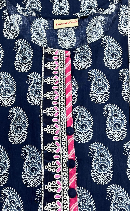 Navy Blue Manga Motif Jaipuri Cotton Kurti. Pure Versatile Cotton. | Laces and Frills - Laces and Frills