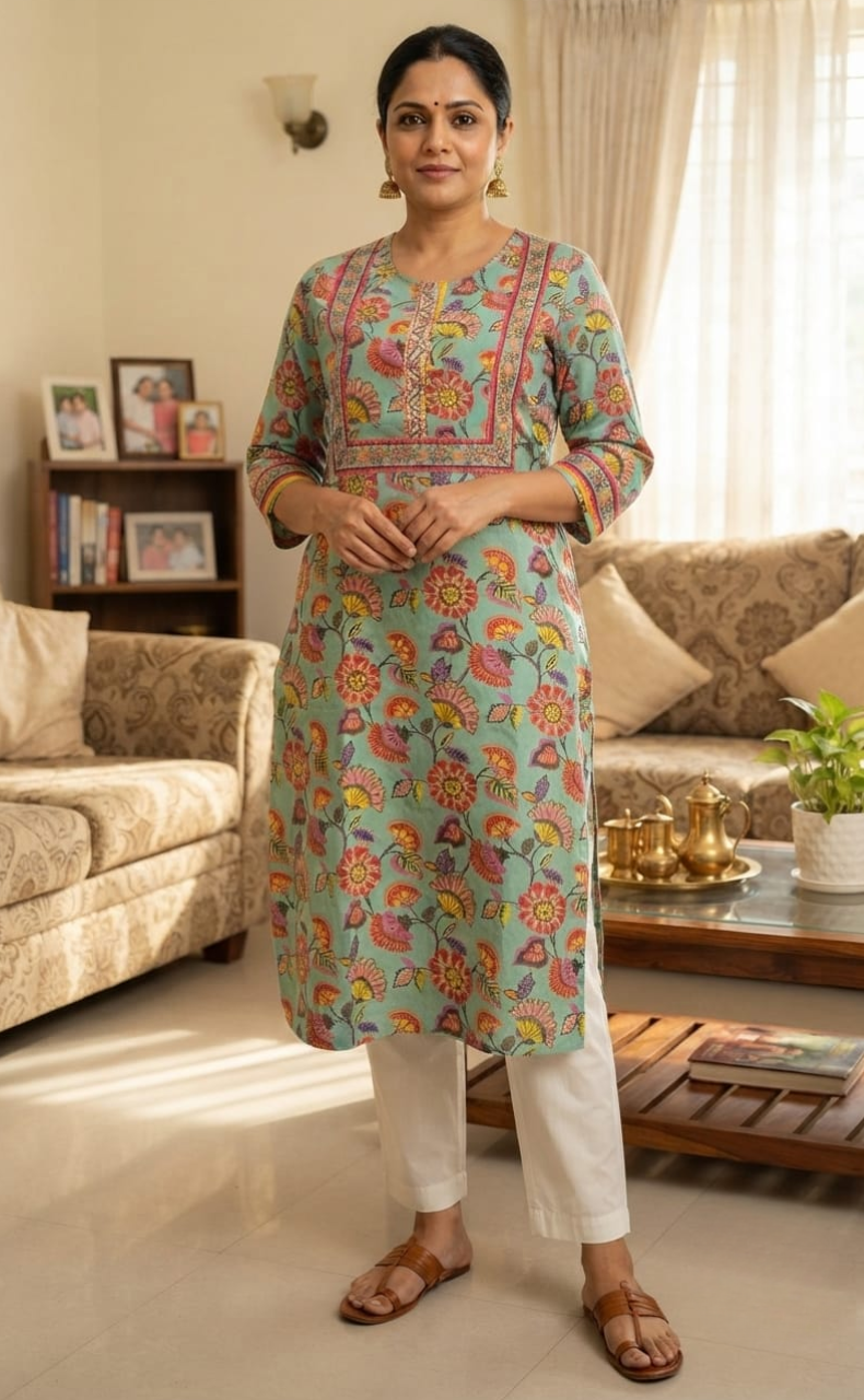 Sea Green Garden Jaipuri Cotton Kurti. Pure Versatile Cotton. | Laces and Frills