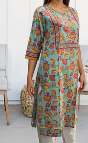 Sea Green Garden Jaipuri Cotton Kurti. Pure Versatile Cotton. | Laces and Frills - Laces and Frills