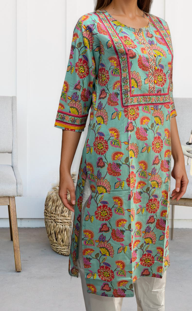 Sea Green Garden Jaipuri Cotton Kurti. Pure Versatile Cotton. | Laces and Frills - Laces and Frills