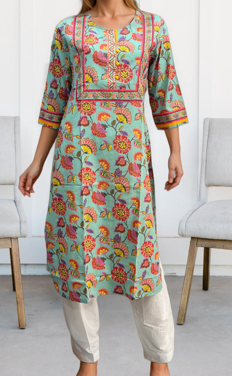 Sea Green Garden Jaipuri Cotton Kurti. Pure Versatile Cotton. | Laces and Frills - Laces and Frills