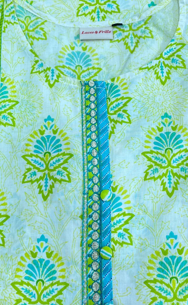 Off White/Green Floral Jaipuri Cotton Kurti. Pure Versatile Cotton. | Laces and Frills - Laces and Frills